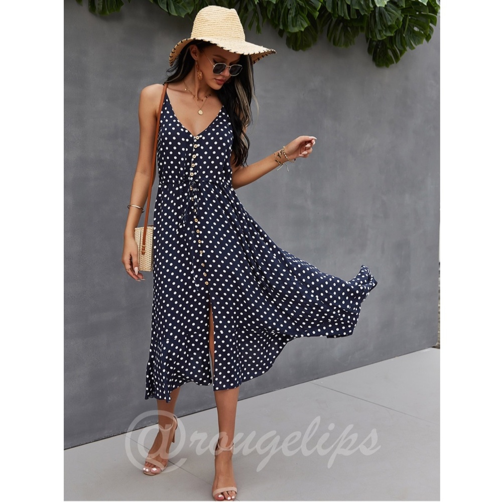 Navy Blue Polka Dot Midi Button Through Dress Flared V-Neck - Picture 3 of 9